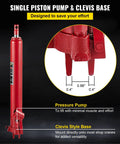 Red hydraulic long-ram jack with clevis base and manual handle, side view.