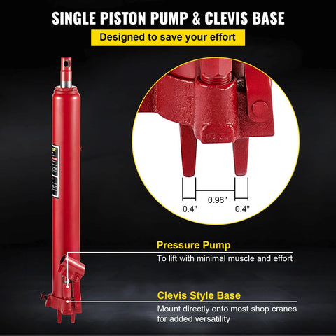 Red hydraulic long-ram jack with clevis base and manual handle, side view.