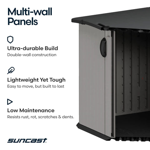 Side view of 138 Cu Ft Horizontal Outdoor Storage Shed With Glidetop Sliding Lid showing multi-wall panels for durability and easy access.
