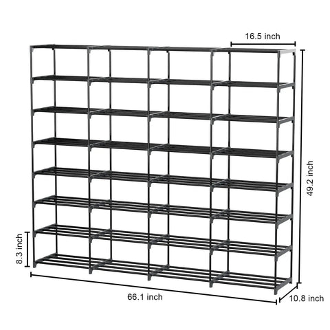 Front view of Beefy 8 Tier Large Shoe Rack Holds 64 Pairs With Heavy Duty Shelving And Adjustable Heights For Boots And Shoes Space Saving Organizer.