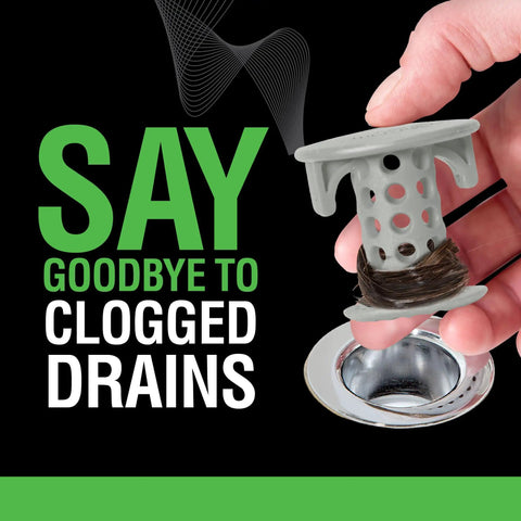 Inside Sink Drain Protector Hair Catcher And Strainer That Fits In The Drain, held above a sink drain with trapped hair, durable gray finish.