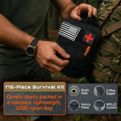 All-In-One 175-Piece Survival Kit With First Aid for Outdoor Adventures and Emergencies in black MOLLE bag