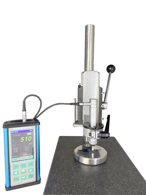 Portable Ultrasonic Hardness Tester With Sturdy Test Stand And Fine Probe 1kgf Load measuring metal on a solid base.
