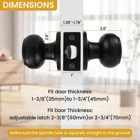 Black Passage Door Knobs Set For Hallway And Closet, Keyless Interior Door Knobs, Round Style Non Locking, Adjustable Latch Fits Most Doors