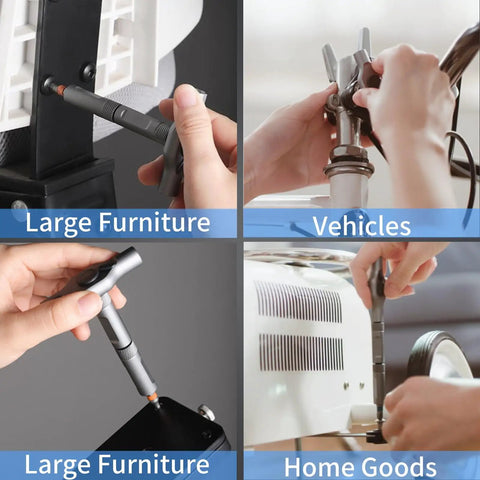 Heavy Duty 24 Piece Magnetic Ratchet Screwdriver Kit With S2 Steel Bits And Durable Aluminum Grip used on large furniture, vehicles, and home goods.