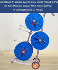 Rugged Wire Spool Rack For Shops And Job Sites with blue spools on steel frame, featuring PVC wheels for mobility