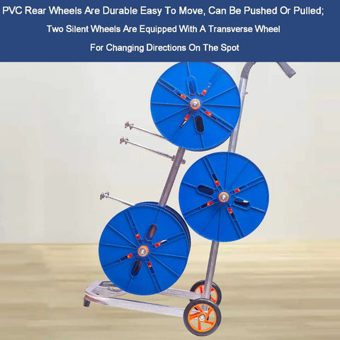 Rugged Wire Spool Rack For Shops And Job Sites with blue spools on steel frame, featuring PVC wheels for mobility