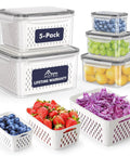 5 Pack Large Fridge Storage Containers Set With Leakproof Lids Removable Colander BPA Free Dishwasher And Microwave Safe