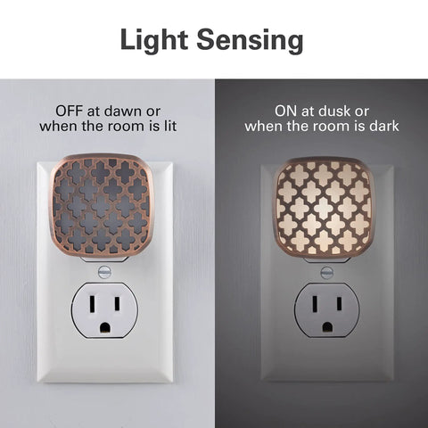 Ambient LED Night Light 2 Pack With Dusk To Dawn Sensor showing light sensing on wall outlet.