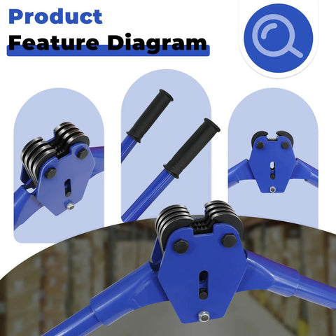 Feature diagram of No Fuss Heavy Duty Manual Strapping Sealer Crimper showing blue handle and manganese jaws for 5 8 inch PP or PET bands.