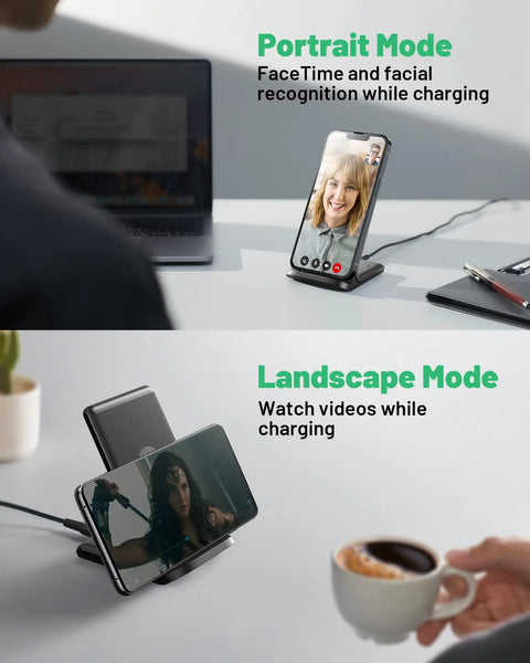 15W Fast Wireless Charger Pad With Sleep Friendly Adaptive Light, shown with phone in portrait and landscape modes