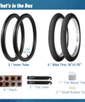 Image showing All In One 16x1.75 Bike Tire And Inner Tube Set With Repair Kit 2 Pack For MTB BMX And Kids Bikes Includes Two Tires Two Inner Tubes And Repair Tools For Easy Replacement On Daily Rides Ready To Roll with labeled components: two 16x1.75 bike tires, two inner tubes, tire repair file, tire levers, patch set, and rubber tubes.