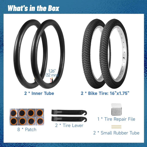 Image showing All In One 16x1.75 Bike Tire And Inner Tube Set With Repair Kit 2 Pack For MTB BMX And Kids Bikes Includes Two Tires Two Inner Tubes And Repair Tools For Easy Replacement On Daily Rides Ready To Roll with labeled components: two 16x1.75 bike tires, two inner tubes, tire repair file, tire levers, patch set, and rubber tubes.