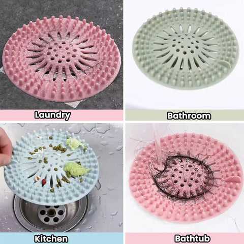 Five Pack Heavy Duty Silicone Hair Catcher Drain Stopper For Shower Tub Kitchen Sink Reusable Strainer Sieve Insert Easy Clean Filter Screen in laundry, bathroom, kitchen, and bathtub.