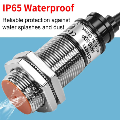 M18 Inductive Proximity Sensor Switch PR18 5DP Cylindrical Detector, IP65 waterproof, with 5mm sensing distance in close-up view