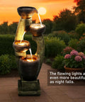 40 Inch Tall Outdoor Water Fountain With 4 Tier Crocks And LED Lights, Premium Resin And Fiberglass Construction, in garden setting.