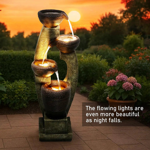 40 Inch Tall Outdoor Water Fountain With 4 Tier Crocks And LED Lights, Premium Resin And Fiberglass Construction, in garden setting.