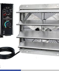 Beefy 16 Inch Wall Mounted Shutter Exhaust Fan With Auto Shutter Thermostat And Variable Speed Control For Home Or Shop Delivers 1200 CFM And Covers Up To 1800 Sq Ft In Silver, showing fan and controller