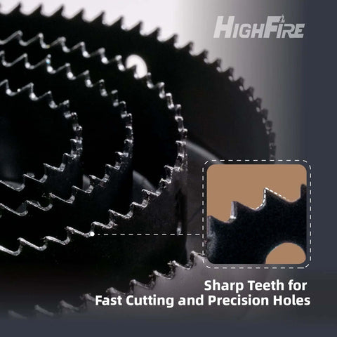 HighFire 19-piece hole saw set with 3/4–6 in blades; black metal cutters with sharp teeth.