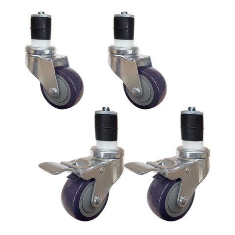 Set of four 3-inch polyurethane casters for stainless steel work tables; two stem-mount and two swivel-brake casters on metal brackets.