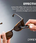 Close-up of a hand using Peeps eyeglass lens cleaner on tortoiseshell sunglasses, black carbon microfiber pad.