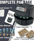 Complete package of Plug And Play Usd Coin Counter And Automatic Wrapper Machine with user manual, dust cover, and coin tubes.