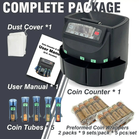 Complete package of Plug And Play Usd Coin Counter And Automatic Wrapper Machine with user manual, dust cover, and coin tubes.
