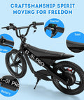 Kids Electric Bike With 350W Motor, 15.5 MPH Top Speed, 36V 5.2Ah Battery, 10 Mile Range, 16 Inch Pneumatic Tires, Dual Braking, For Ages Six And Up, Rugged Off Road Electric Bicycle with handlebar, seat, brake, and battery details