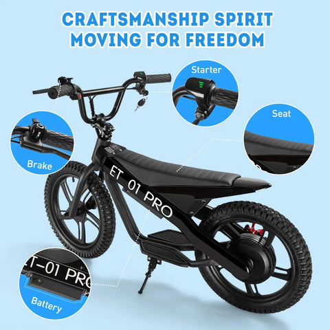 Kids Electric Bike With 350W Motor, 15.5 MPH Top Speed, 36V 5.2Ah Battery, 10 Mile Range, 16 Inch Pneumatic Tires, Dual Braking, For Ages Six And Up, Rugged Off Road Electric Bicycle with handlebar, seat, brake, and battery details