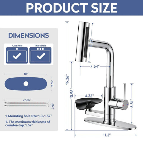 SINGSUO Pull Down Kitchen Faucet with Glass Rinser (Chrome) dimensions illustrated with sizing labels.