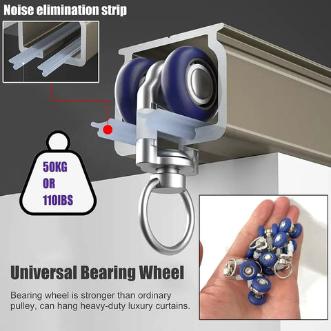 Heavy Duty Double Curtain Tracks Hella Sturdy Aluminum Build With Quiet Smooth Gliding Pulleys adjustable bearing wheel and noise elimination strip.