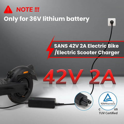 36V Electric Bike And Scooter Battery Charger With 42V 2A Output DC 2.1mm Jack Connector 5.5x2.1mm Safe Fast Charge For 36V Li-Ion Packs Not For Other Voltages Keeps Your Ride Juiced And Ready To Roll