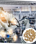 Robotic arm in industrial setting with inset of 60-piece brass Grease Fitting All-In-One Kit with storage box