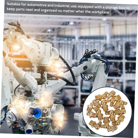 Robotic arm in industrial setting with inset of 60-piece brass Grease Fitting All-In-One Kit with storage box
