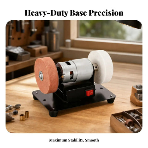 Desktop Electric Grinding Machine 550W Metal Version Built Like A Tank With Sturdy Base And Two Wheels Bench Top Setup Kills It For Sharpening Polishing And Light Workshop Duties Hassle Free, close-up view on sturdy base.