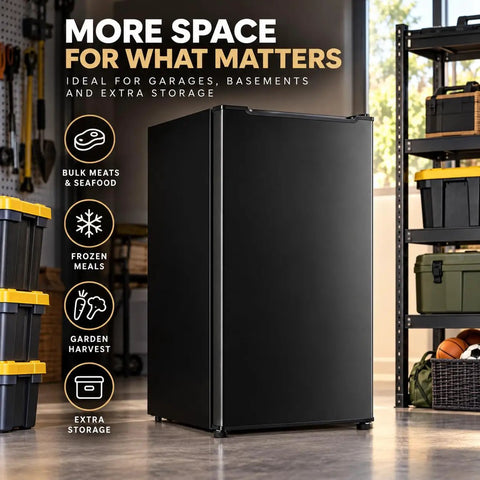 Kickin Compact 3.2 Cubic Foot Upright Freezer Solid Black Design in garage setting, showcasing extra storage features.