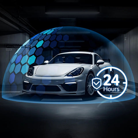 Car under virtual protection dome with 24-hour icon visible.