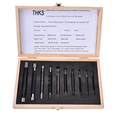 10 Piece Thread Plug Gauge Set With Double End Through Stop For Metric Thread Inspection in open wooden case.