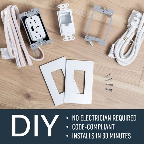 In Wall Power Outlet Extender Kit With 6 Foot Cable White Finish Perfect For Kitchen Remodels And Outlet Relocation Includes USB Ports