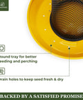 Close-up of Squirrel Proof Metal Mesh Finch Feeder with yellow tray, rust-resistant, for 2.5 lb Nyjer seed, outdoor use.