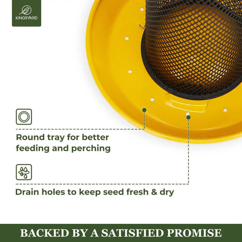 Close-up of Squirrel Proof Metal Mesh Finch Feeder with yellow tray, rust-resistant, for 2.5 lb Nyjer seed, outdoor use.