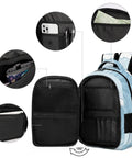Pastel Watercolor Ocean Wave Print Unisex Backpack showing pockets and interior compartments, large capacity polyester daypack.