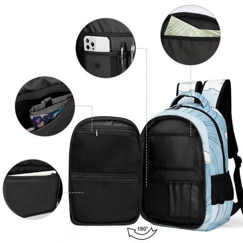 Pastel Watercolor Ocean Wave Print Unisex Backpack showing pockets and interior compartments, large capacity polyester daypack.