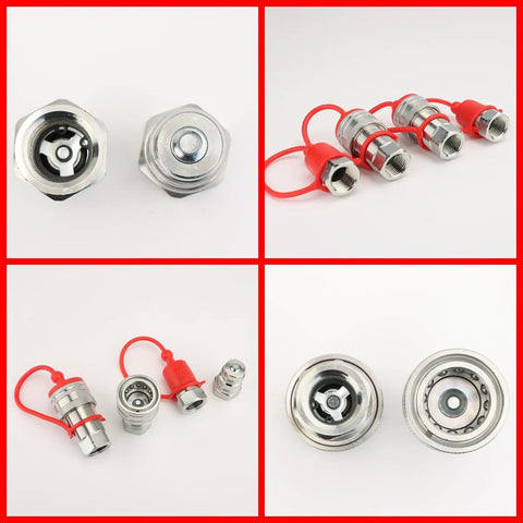 Two Pack 1/2 Inch NPT Ag Hydraulic Quick Connect Couplers With Dust Caps ISO5675 Ball Pioneer set on display