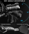 Rechargeable LED Headlamp With Zoomable Beam, 99000 Lumens showing 125-degree adjustable feature and headband details