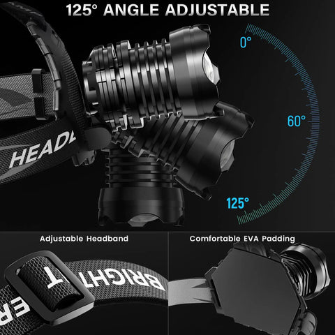 Rechargeable LED Headlamp With Zoomable Beam, 99000 Lumens showing 125-degree adjustable feature and headband details