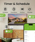 Smart Power Strip Surge Protector With 6 In 1 WiFi Outlets, control app on smartphone, timer and schedule features displayed.