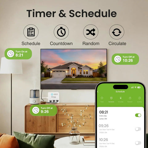 Smart Power Strip Surge Protector With 6 In 1 WiFi Outlets, control app on smartphone, timer and schedule features displayed.