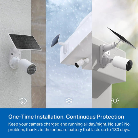 Solar Powered Outdoor Security Cam 1080p Wireless Battery Powered With Solar Panel Person Detection Local Storage Or Optional Cloud No Monthly Fees Works With Alexa And Google Assistant C402 Kit mounted outdoors in three weather conditions.