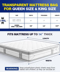 Two Pack Mattress Bags For Moving And Storage Fits King Or Queen Size Waterproof Tear Resistant 2 Mil Heavy Duty Mattress Covers 107 By 78 By 14 Inches Airtight Dust And Moisture Protection with size chart display.